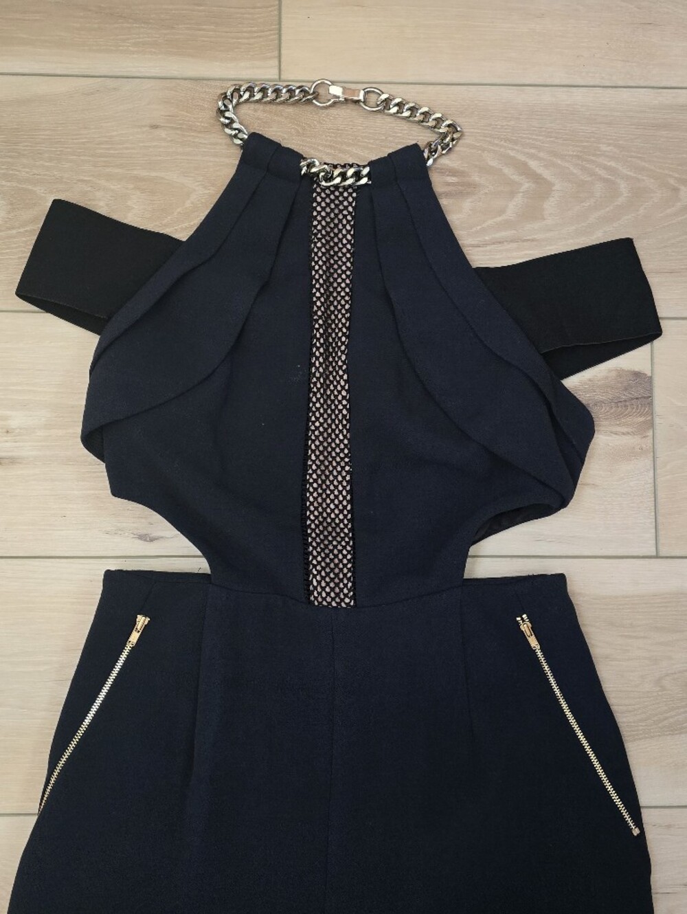 Self-Portrait Navy Chain-Accent Cutout Jumpsuit